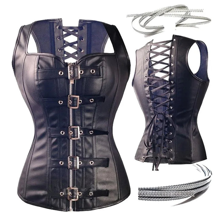 Sexy Steampunk PU Faux Leather Corset Retro Gothic Body Shapewear Bustier Zipper Buckled Steel Boned Corselet Plus 6XL - Maramalive™