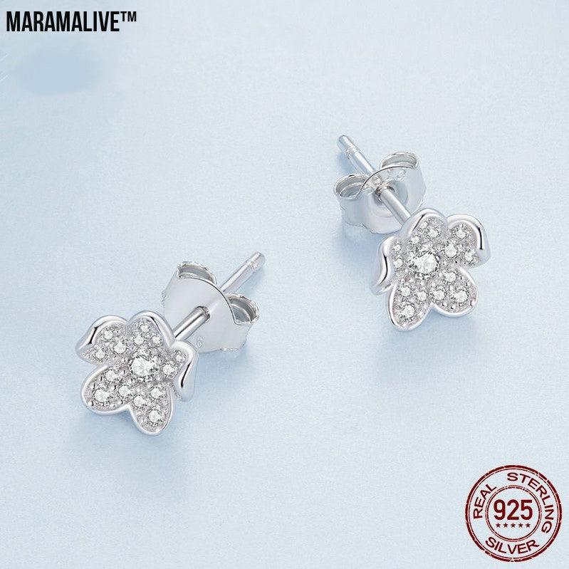 S925 Sterling Silver Flower Zircon Inlaid Stud Earrings