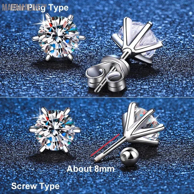 S925 Sterling Silver Moissanite Earrings 0.5-2ct D 6 Prong Diamond Moissanite Screw Stud For Women Wedding Fine Jewelry