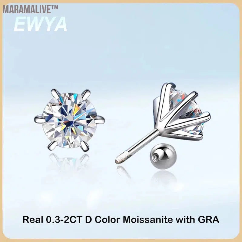 S925 Sterling Silver Moissanite Earrings 0.5-2ct D 6 Prong Diamond Moissanite Screw Stud For Women Wedding Fine Jewelry