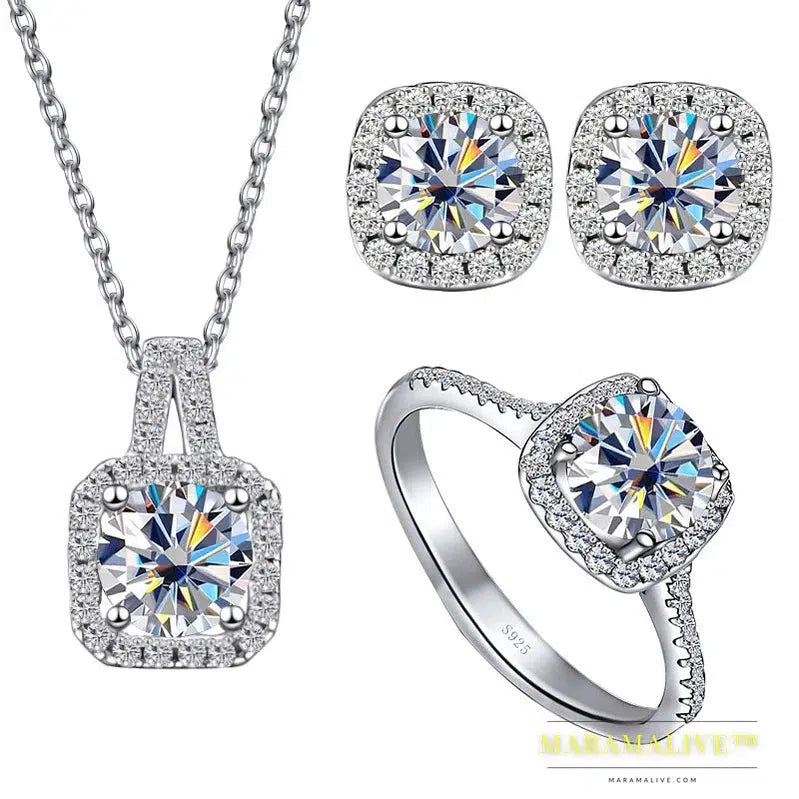 S925 Sterling Silver jewelry for women 1 carat moissanite diamond 3 pieces set necklace ring earrings wedding party