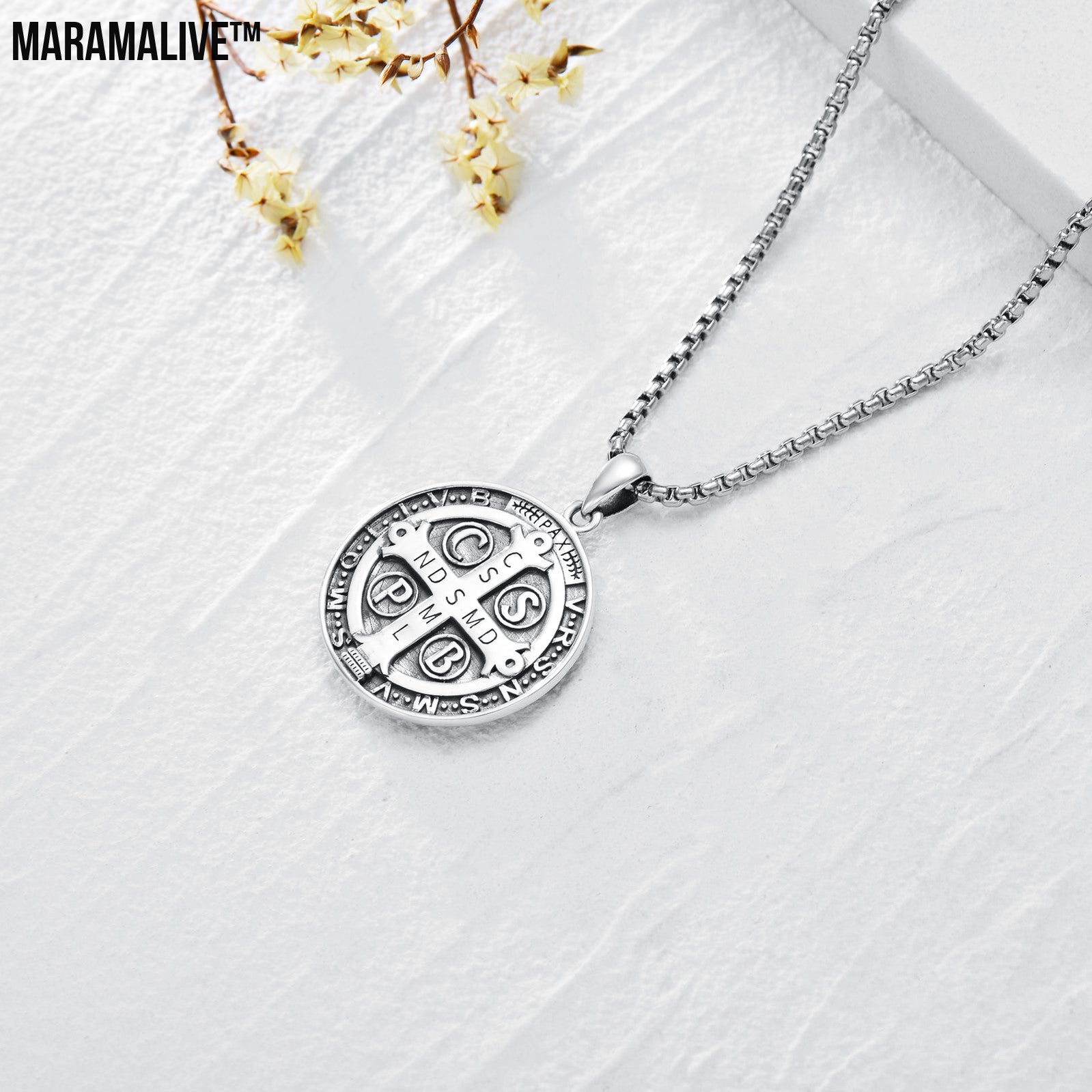 Saint Benedict Necklace NR Cross Catholic Protection Pendant Coin 925 Sterling Silver Jewelry Gifts for Men Women