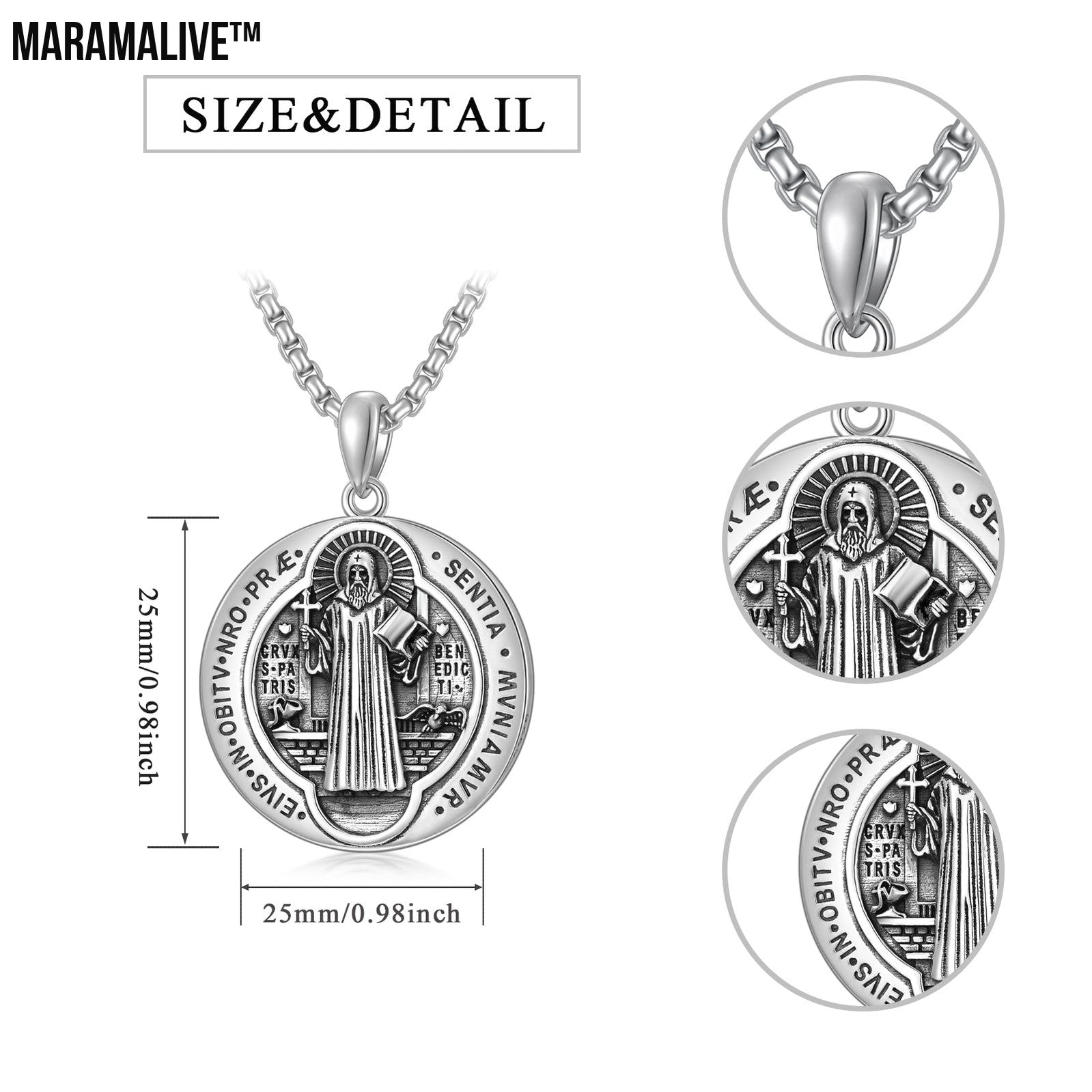 Saint Benedict Necklace NR Cross Catholic Protection Pendant Coin 925 Sterling Silver Jewelry Gifts for Men Women