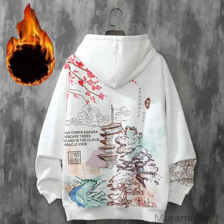 Sakura Print Men's Hoodie Plus Velvet Loose Minimalistic Hoodie Clothes Harajuku Men Anime Japanese Men Pullover Sweatshirt