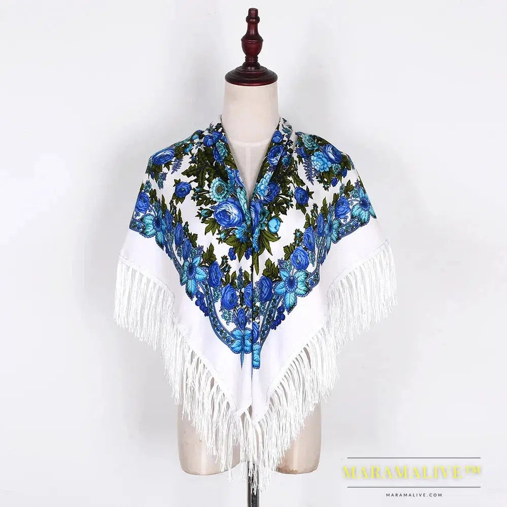 Scarf Shawls Women Fringed Square Bandana Headscarf National Floral Blanket Scarves 110x110cm