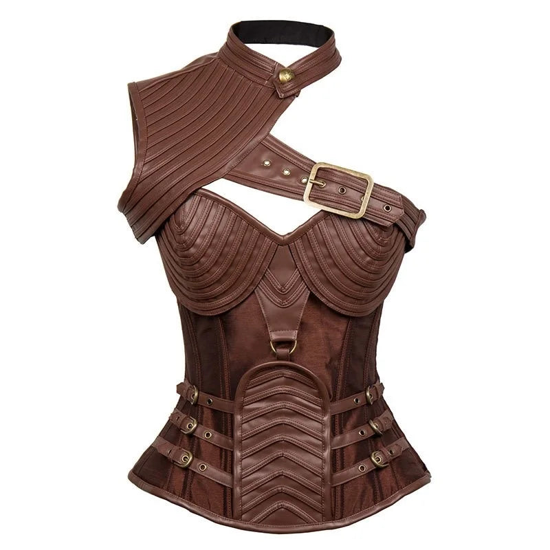 Women's Brown Vintage Gothic Corset Steampunk jacket Armor With Shoulder Burlesque Costumes Overbust Bolero steel boned corset