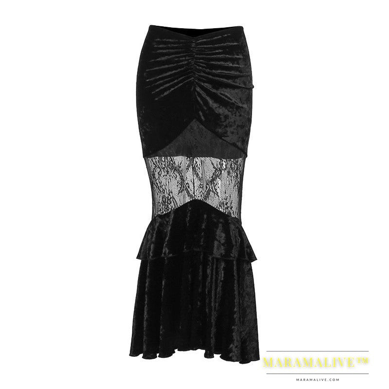 See-through Embossed Dress Dark Style Elegant Suede Lace Stitching Skirt