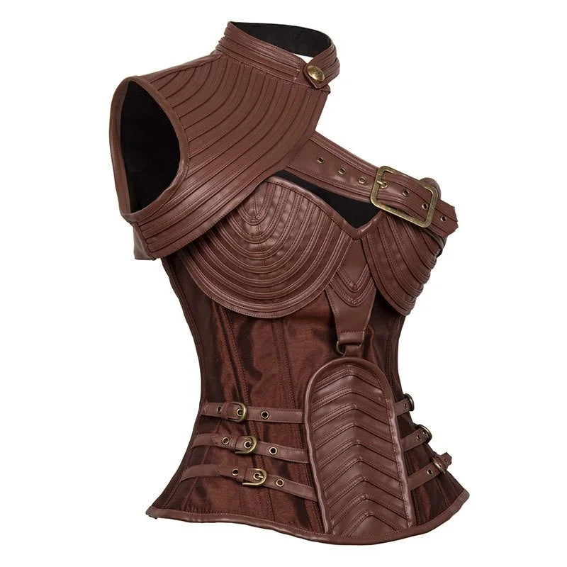 Women's Brown Vintage Gothic Corset Steampunk jacket Armor With Shoulder Burlesque Costumes Overbust Bolero steel boned corset