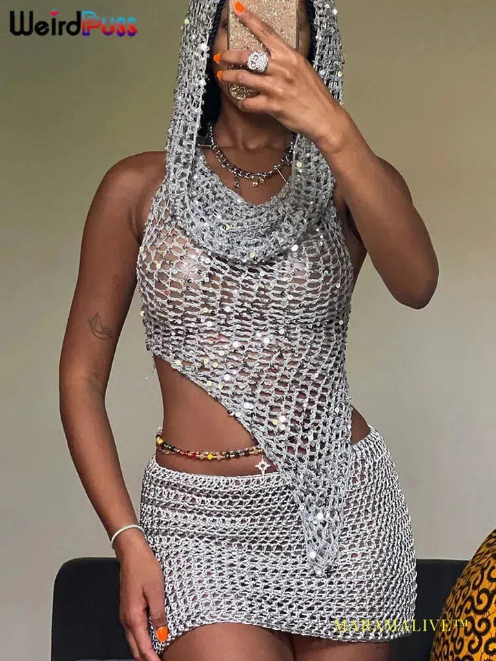 Sequins Women 2piece Set Sexy See Through Irregular Backless Hooded Tank Tops+Peach Hip Skirts Midnight Clubwear Suit