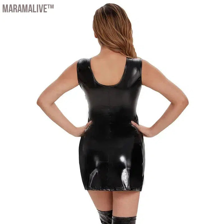 Sexy Backless Erotic Dresses Dresses Women Sleeveless PU Leather Dress Dress Female Nightclub Party Slim Fit Stretch Latex Gown