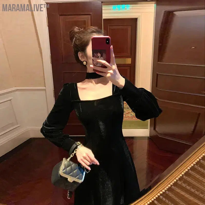 Sexy Dress Women French Retro Vintage Square Collar Waist Office Lady Wine Red Golden Velvet Autumn and Winter Female Clothing