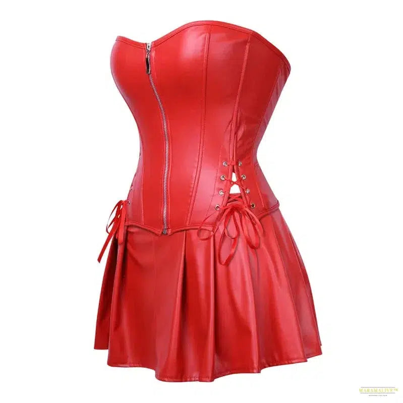 Sexy Faux Leather Corsets Skirt Set Overbust Burlesque Zipper Gothic Punk Bustier Women Steampunk Lace Up Corset Dress Plus Size