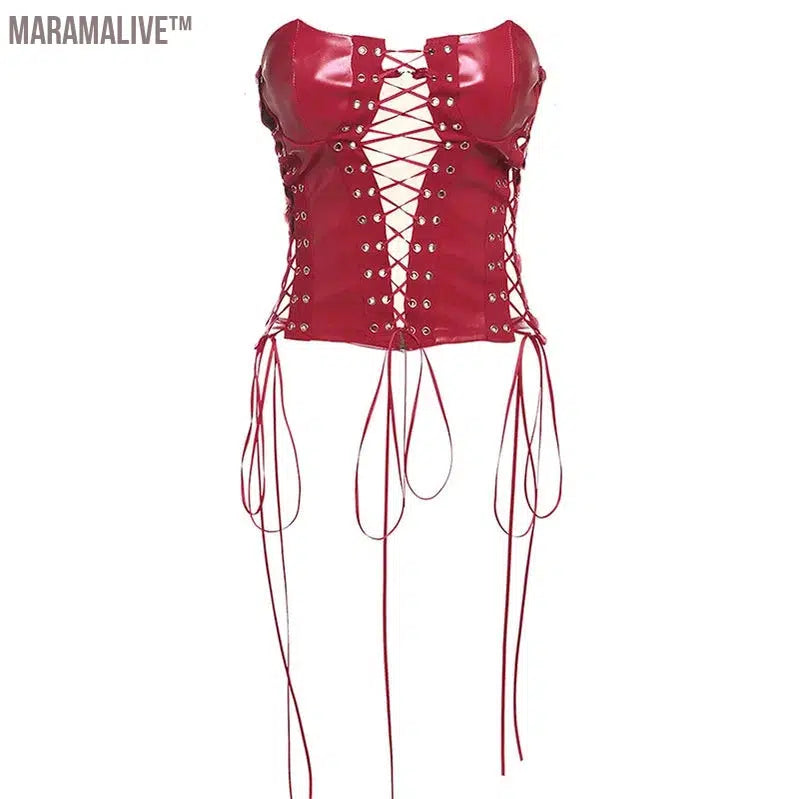 Sexy Gothic Women PU Leather Corsets Bustiers Lace-up Bandage Crown Girdle Slim Waist Back Zipper Strap Corset Tops Curve Shaper