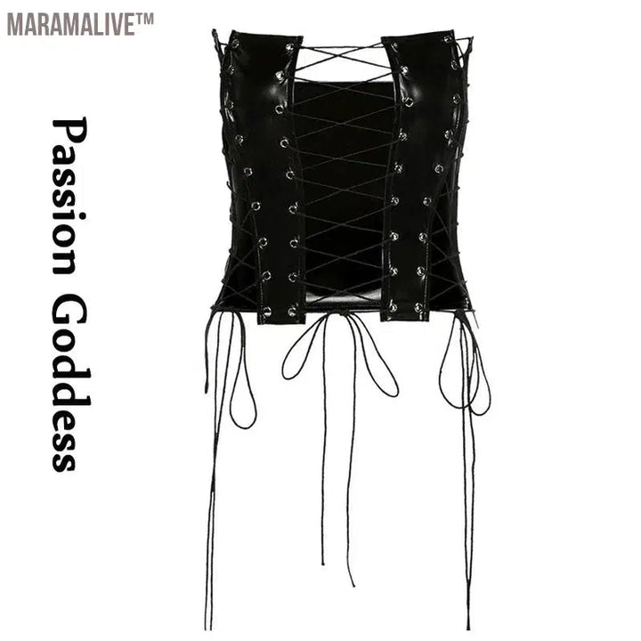 Sexy Gothic Women PU Leather Corsets Bustiers Lace-up Bandage Crown Girdle Slim Waist Back Zipper Strap Corset Tops Curve Shaper