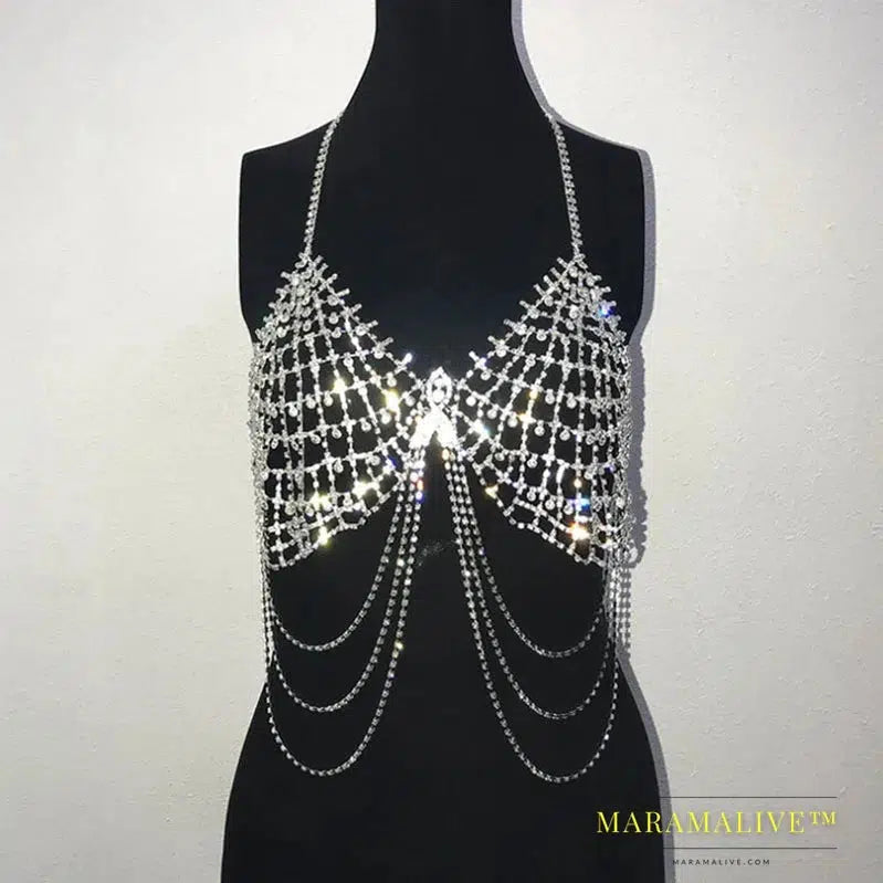 Sexy Hollow Rhinestone Bra Top Dance Jewelry for Women Tassel Body Chain Chest Crystal Bralette Underwear Necklace