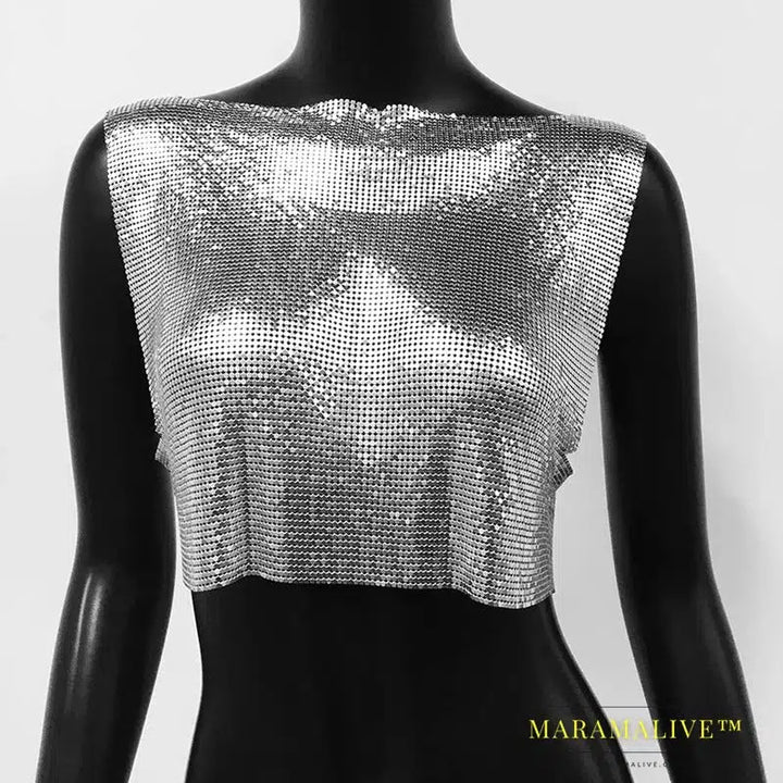 Sexy Metal Sequin Tank Top For Women y2k Summer Beach Backless Crop Top Rave Festival Club Outfits Camisole