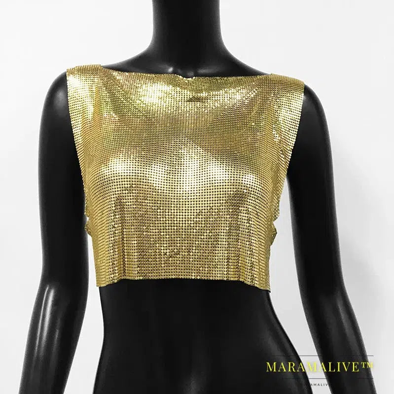 Sexy Metal Sequin Tank Top For Women y2k Summer Beach Backless Crop Top Rave Festival Club Outfits Camisole