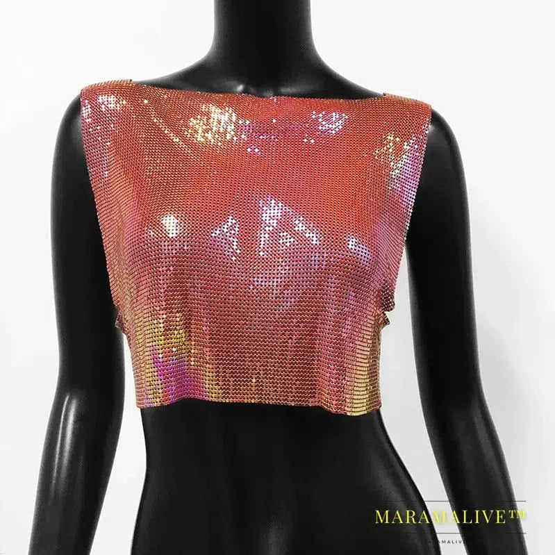 Sexy Metal Sequin Tank Top For Women y2k Summer Beach Backless Crop Top Rave Festival Club Outfits Camisole