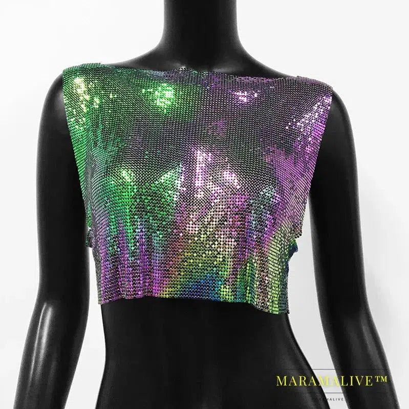 Sexy Metal Sequin Tank Top For Women y2k Summer Beach Backless Crop Top Rave Festival Club Outfits Camisole