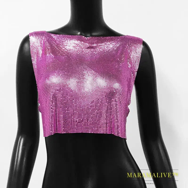 Sexy Metal Sequin Tank Top For Women y2k Summer Beach Backless Crop Top Rave Festival Club Outfits Camisole