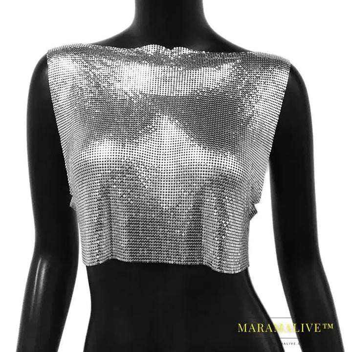 Sexy Metal Sequin Tank Top For Women y2k Summer Beach Backless Crop Top Rave Festival Club Outfits Camisole