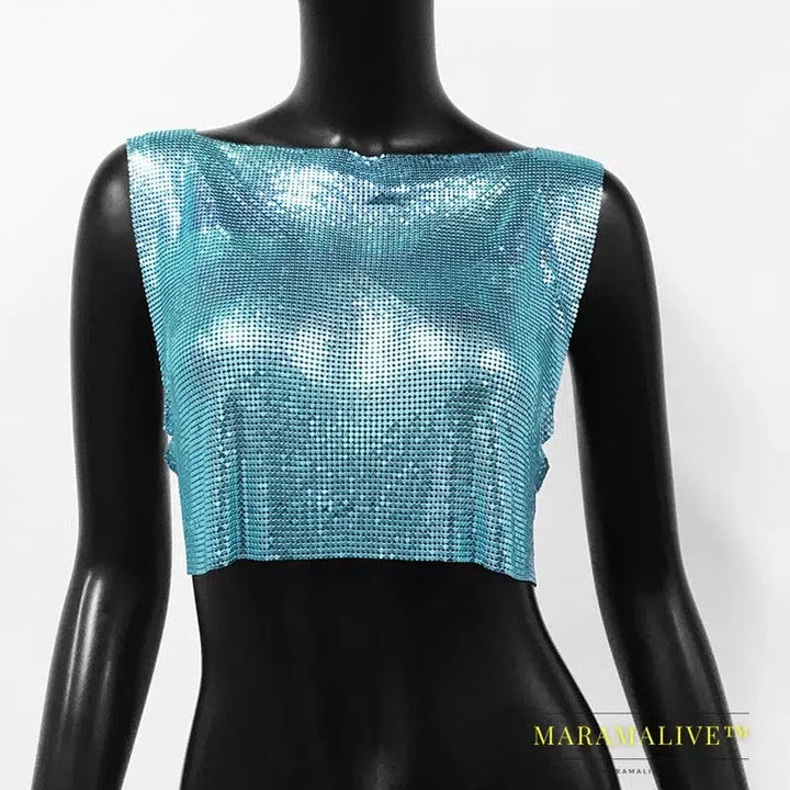 Sexy Metal Sequin Tank Top For Women y2k Summer Beach Backless Crop Top Rave Festival Club Outfits Camisole