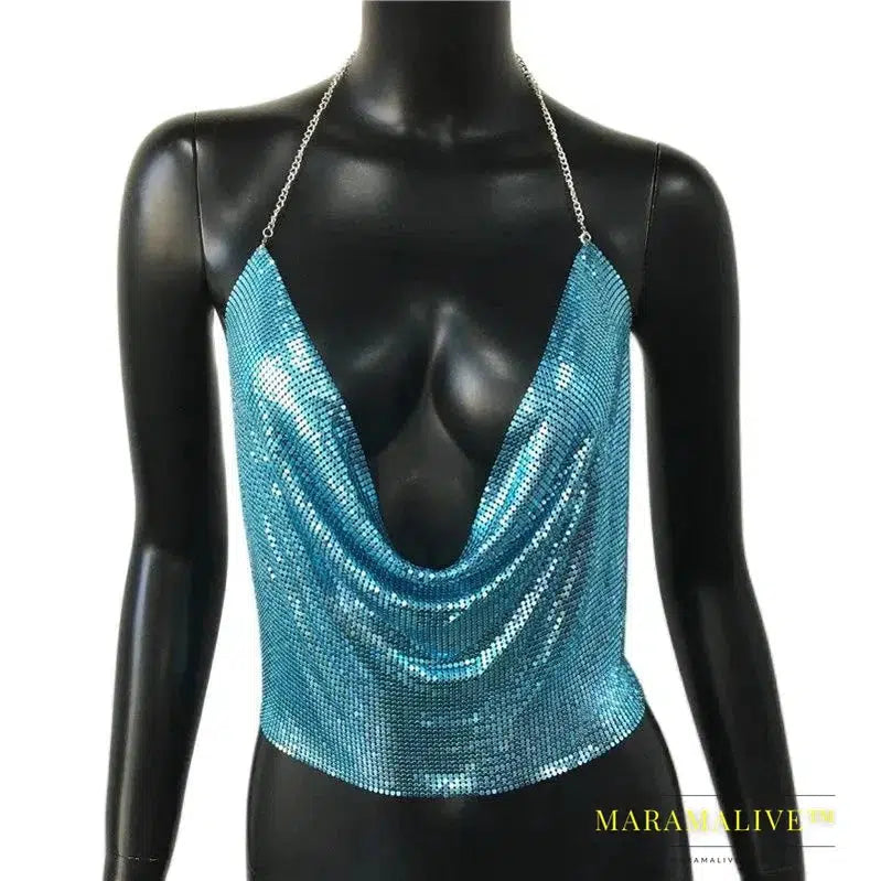 Sexy Metal Sequins Tank Top For Women Summer V Neck Backless Crop Tops Luxury Solid Short Party Nightclub Tank Tops