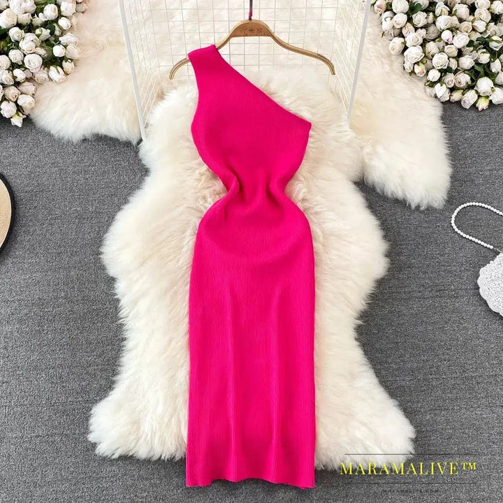 Sexy One Shoulder Crochet Dress Chic Knitted Elegant Midi Fashion Party Club Dresses Slim Goth Women Sundress