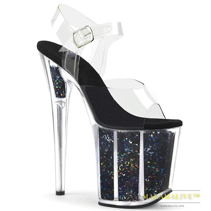 Sexy Sequined Platform Heel Shoes, 20 Cm High Transparent