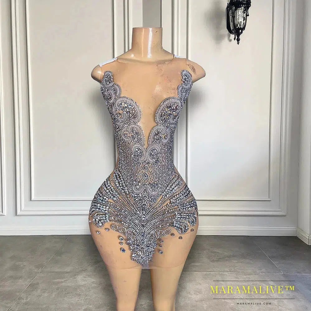 Sexy Sheer See Through Black - Girl Short Prom Dress Golden Diamond Luxury Beaded Crystals Women Cocktail Party Gowns For Birthday