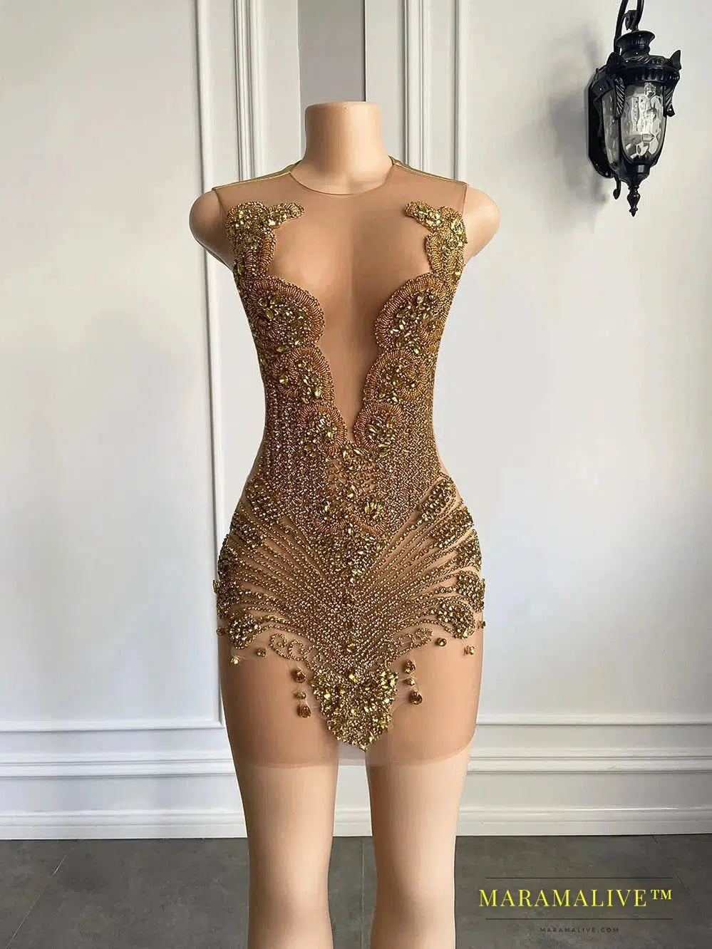 Sexy Sheer See Through Black - Girl Short Prom Dress Golden Diamond Luxury Beaded Crystals Women Cocktail Party Gowns For Birthday