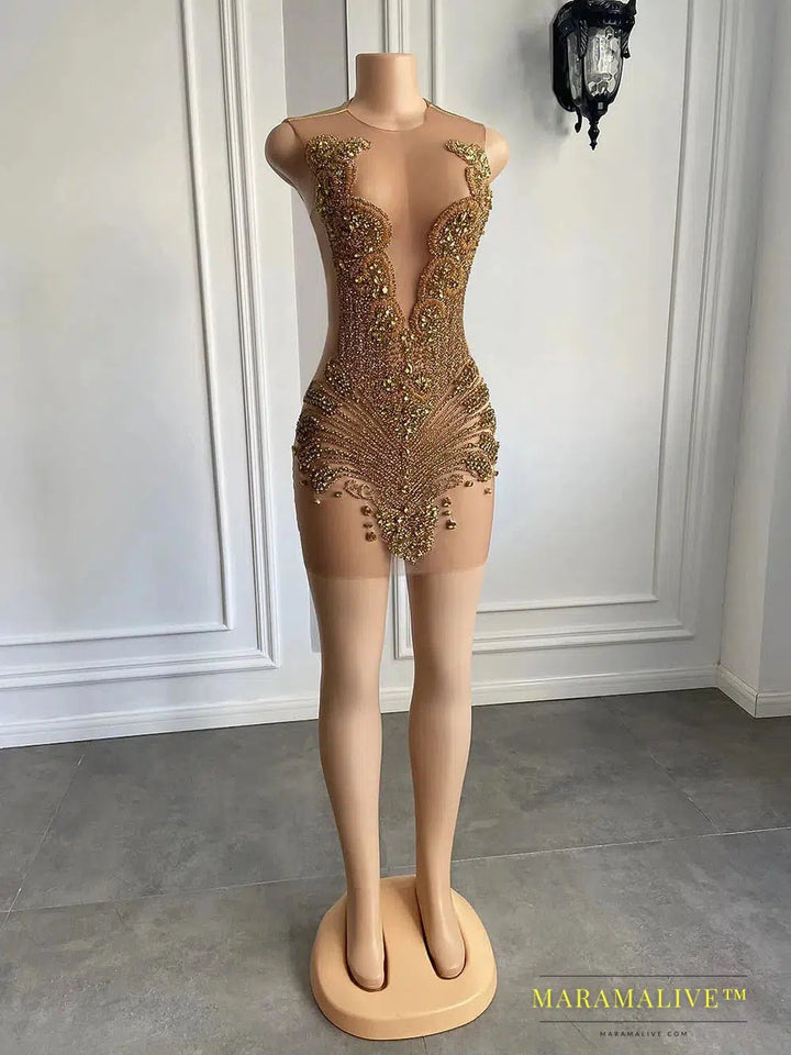 Sexy Sheer See Through Black - Girl Short Prom Dress Golden Diamond Luxury Beaded Crystals Women Cocktail Party Gowns For Birthday