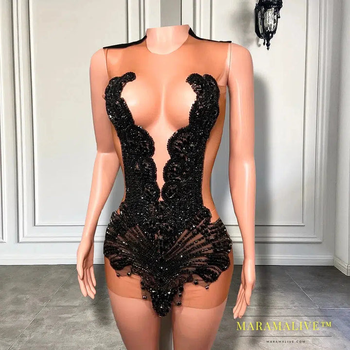 Sexy Sheer See Through Black - Girl Short Prom Dress Golden Diamond Luxury Beaded Crystals Women Cocktail Party Gowns For Birthday