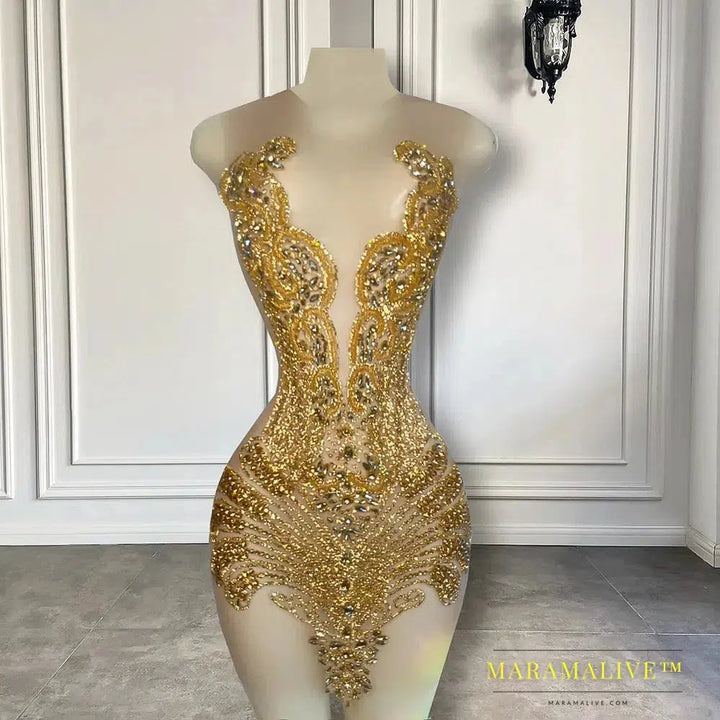 Sexy Sheer See Through Black - Girl Short Prom Dress Golden Diamond Luxury Beaded Crystals Women Cocktail Party Gowns For Birthday