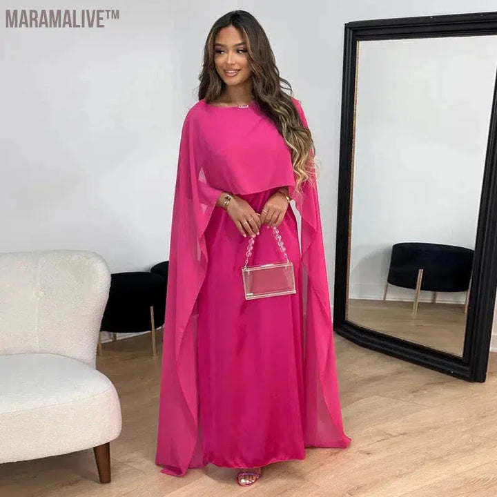 Sexy Solid Color Crew Neck Loose Swing Gown Chiffon Dress Ladies Fashion Temperament Elegant Floor-Length High Waist Dresses