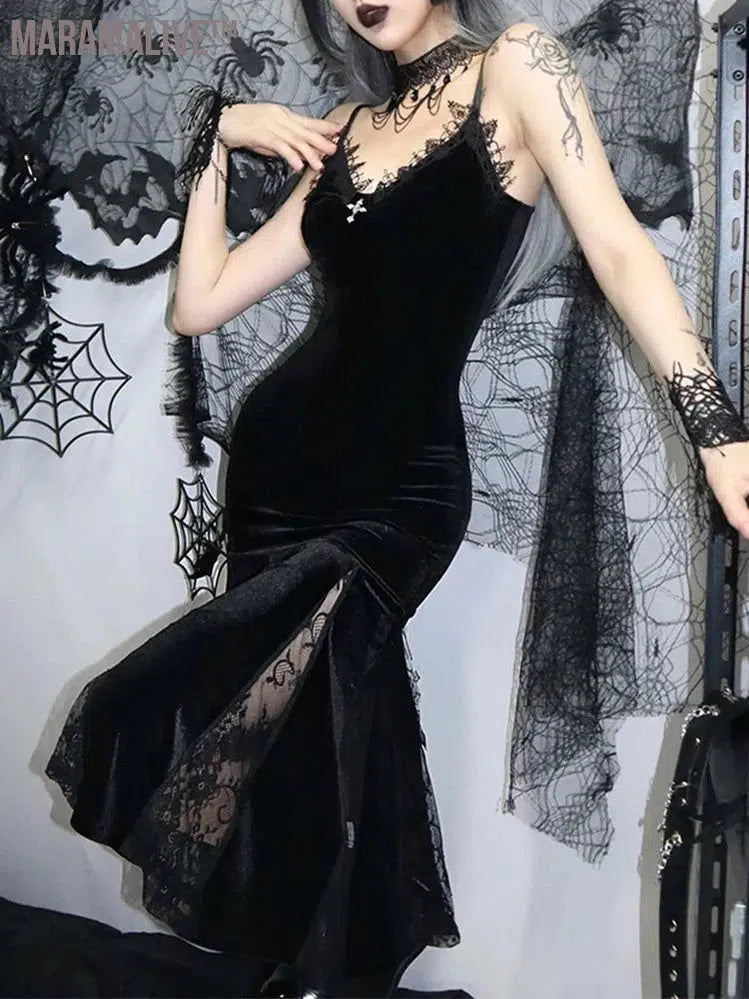 Sexy Spaghetti Strap Backless Velvet Woman Long Gothic Cross Dress Black Lace Patchwork Dress Style Maxi Emo Partywear