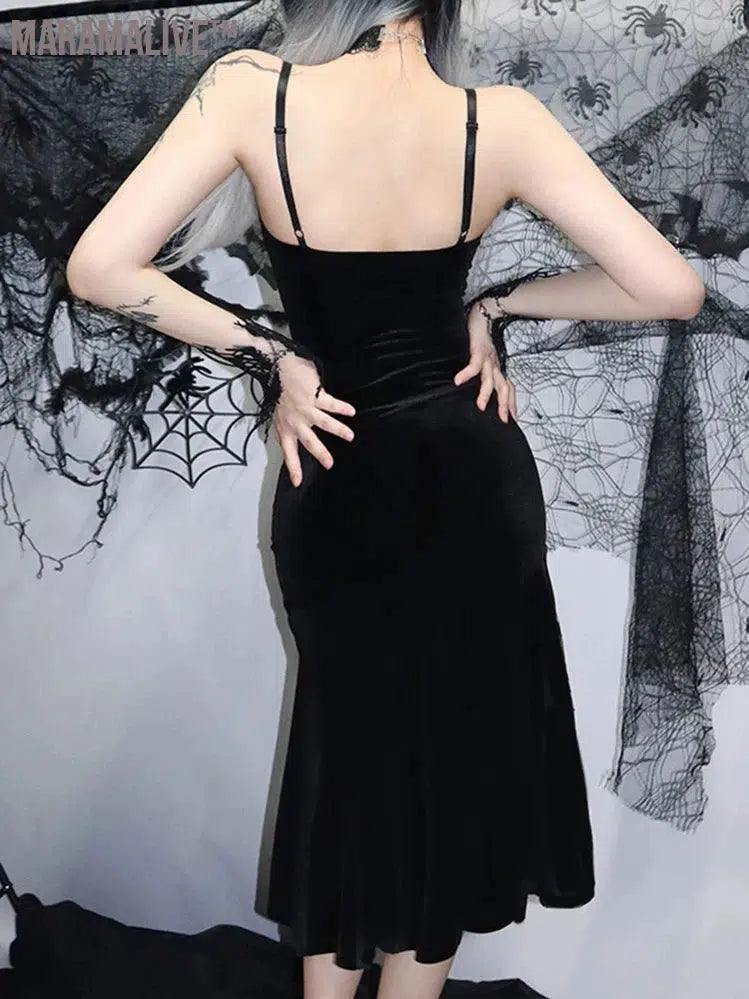 Sexy Spaghetti Strap Backless Velvet Woman Long Gothic Cross Dress Black Lace Patchwork Dress Style Maxi Emo Partywear