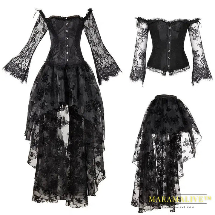 Sexy Steampunk Corset Dress Women's Medieval Victorian Gothic Lace Bustiers Corset + Irregular Skirt Wedding Party Corset Dress