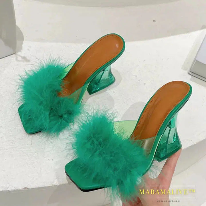 Sexy Strange Transparent Heels Slippers Fashion Fur Feather Summer Sandals Peep Toe Slip-On Clear Shoes Women Slides