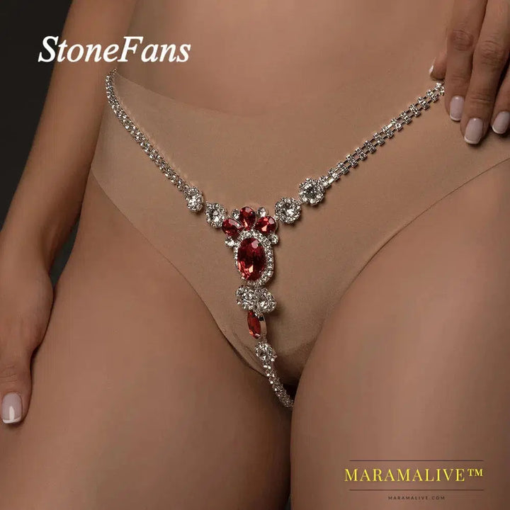 Sexy Underwear Chain Red Crystal Thong Panties for Women Silver Color Rhinestone Body Waist Chain Hide-it Jewelry Gift