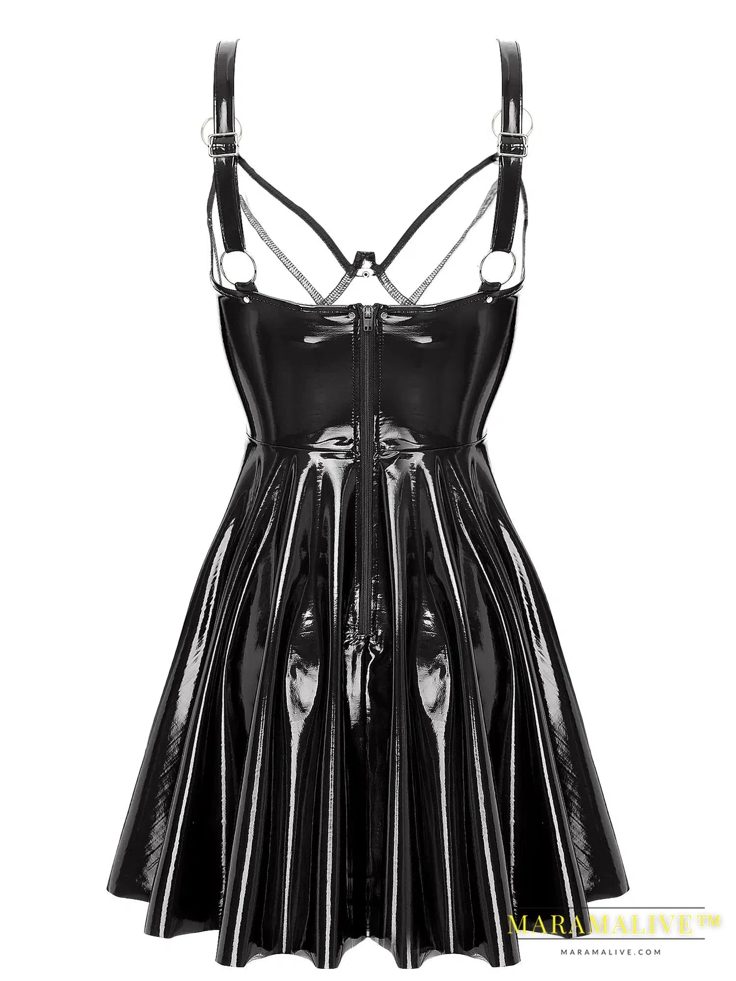 Sexy Womens Glossy Patent Leather Latex Dress with O-Ring Rivets Gothic Punk Strappy V Neck A-Line Club Mini Dress Clubwear