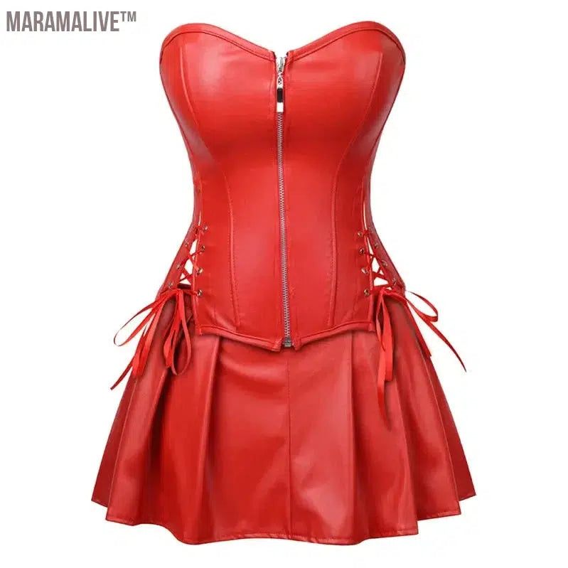 Sexy Womens Steampunk Corset Strapless Faux Leather Overbust Corset Dress Set Gothic Body Shaper Mini Skirt Dress Plus Size 6XL