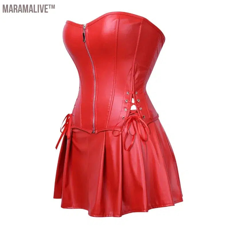 Sexy Womens Steampunk Corset Strapless Faux Leather Overbust Corset Dress Set Gothic Body Shaper Mini Skirt Dress Plus Size 6XL