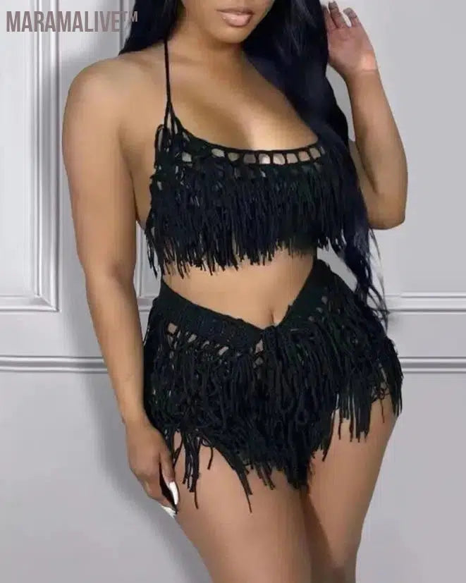 Sexy Womens Two Piece Sets Outfit Spaghetti Strap Crop Crochet Top & Tassel Design Shorts Set New Fashion 2023 Summer Casual