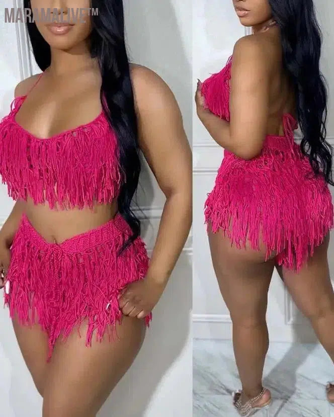 Sexy Womens Two Piece Sets Outfit Spaghetti Strap Crop Crochet Top & Tassel Design Shorts Set New Fashion 2023 Summer Casual