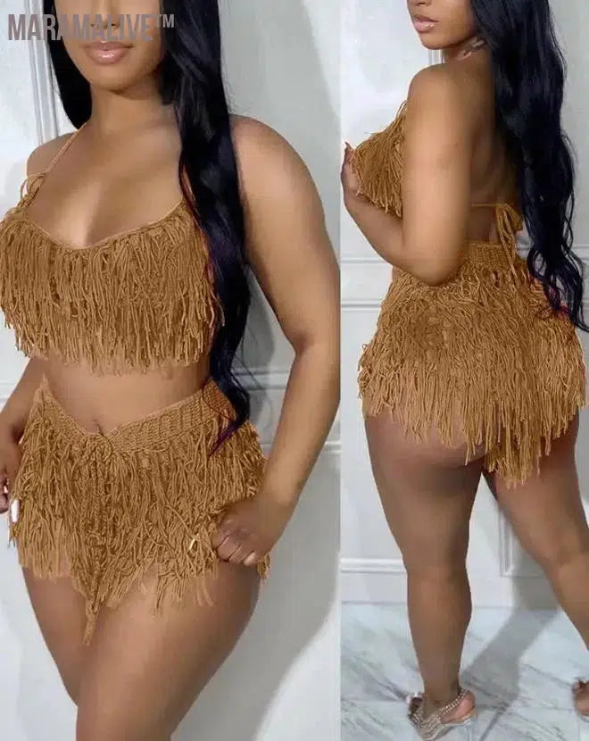 Sexy Womens Two Piece Sets Outfit Spaghetti Strap Crop Crochet Top & Tassel Design Shorts Set New Fashion 2023 Summer Casual