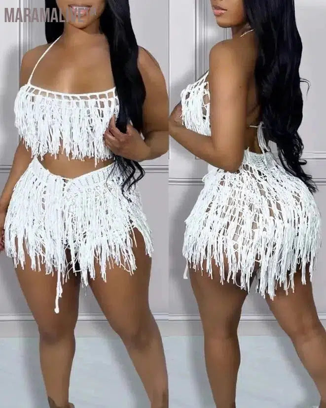 Sexy Womens Two Piece Sets Outfit Spaghetti Strap Crop Crochet Top & Tassel Design Shorts Set New Fashion 2023 Summer Casual