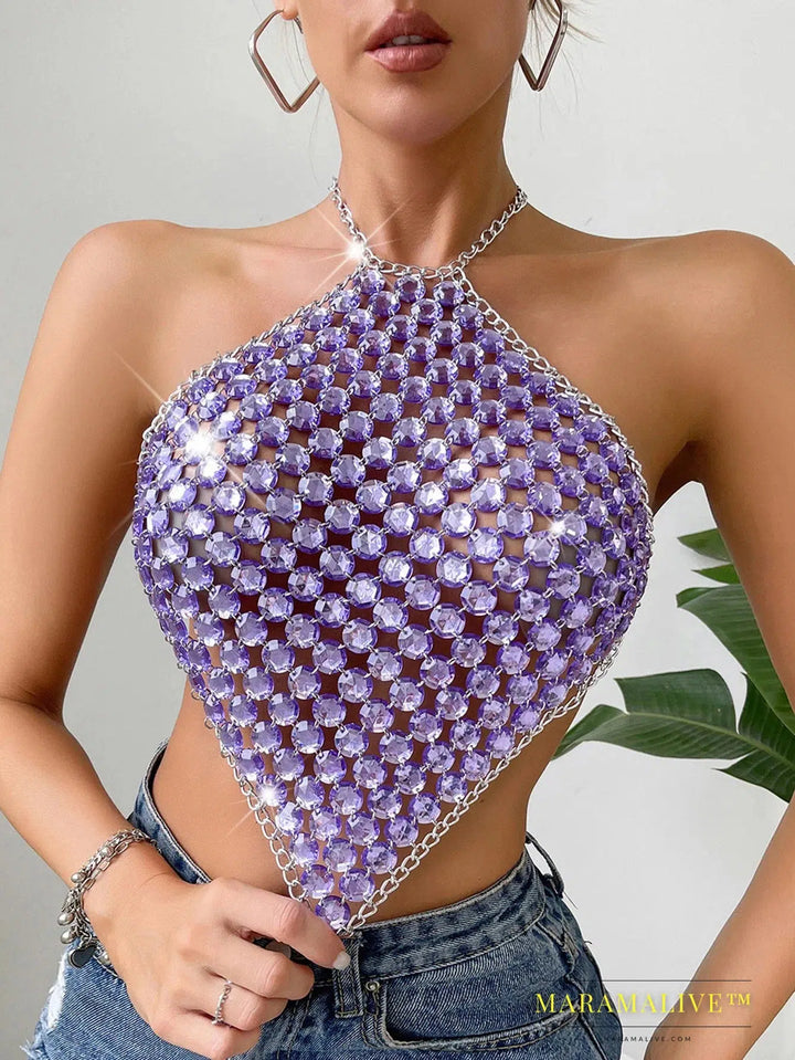 Sexy see through metal rhinestone Crop top women 2023 summer y2k streetwear tank Tops Club beach party halter top rave outfits