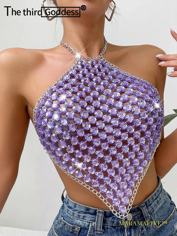 Sexy see through metal rhinestone Crop top women 2023 summer y2k streetwear tank Tops Club beach party halter top rave outfits