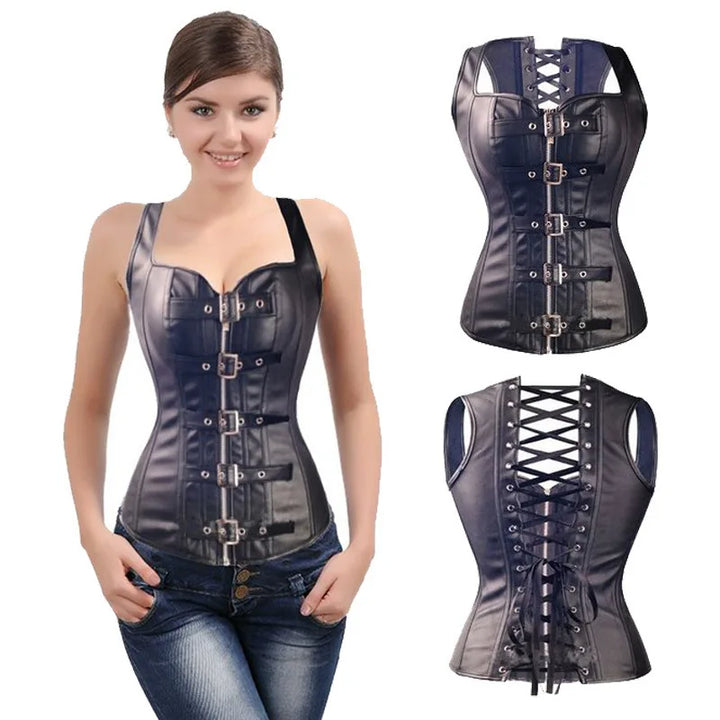 Sexy Steampunk PU Faux Leather Corset Retro Gothic Body Shapewear Bustier Zipper Buckled Steel Boned Corselet Plus 6XL - Maramalive™